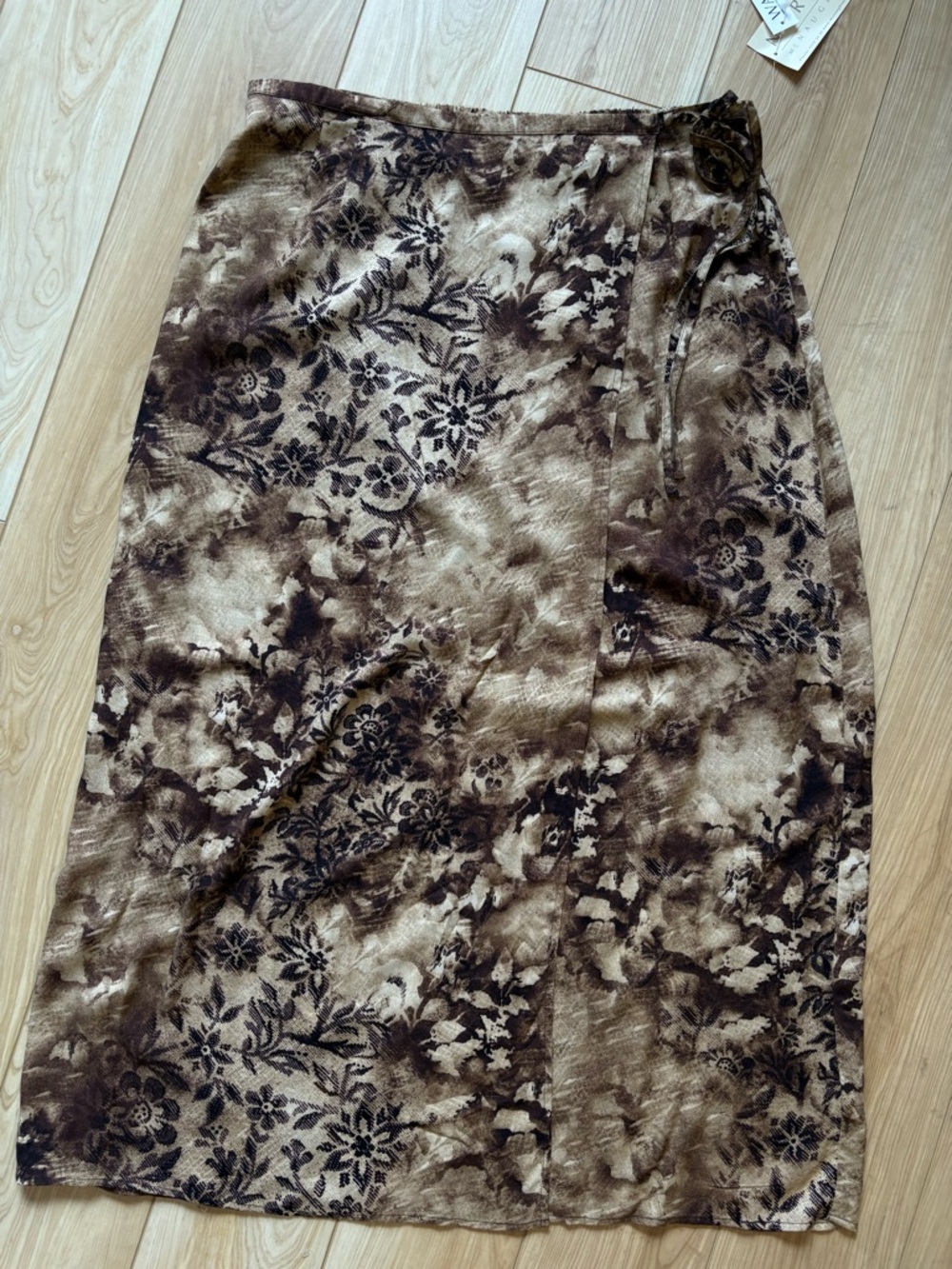 Vintage NWT Floral Midi Faux Wrap Skirt Brown Black 90s Indie Skater Cottage